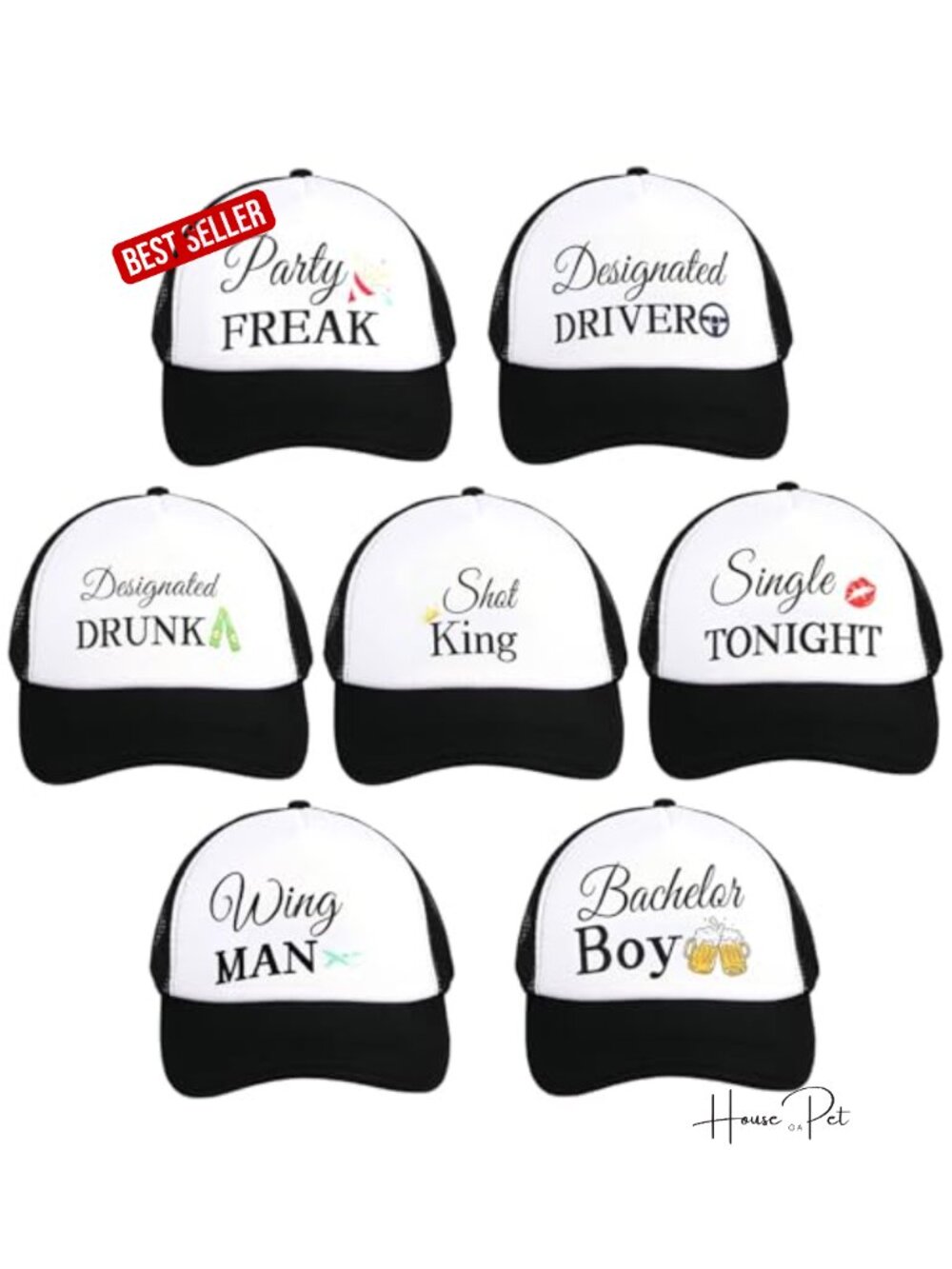 Funny Bachelor Party Hats - 7 Pack Adjustable Mesh Trucker Hats for Men Groom
